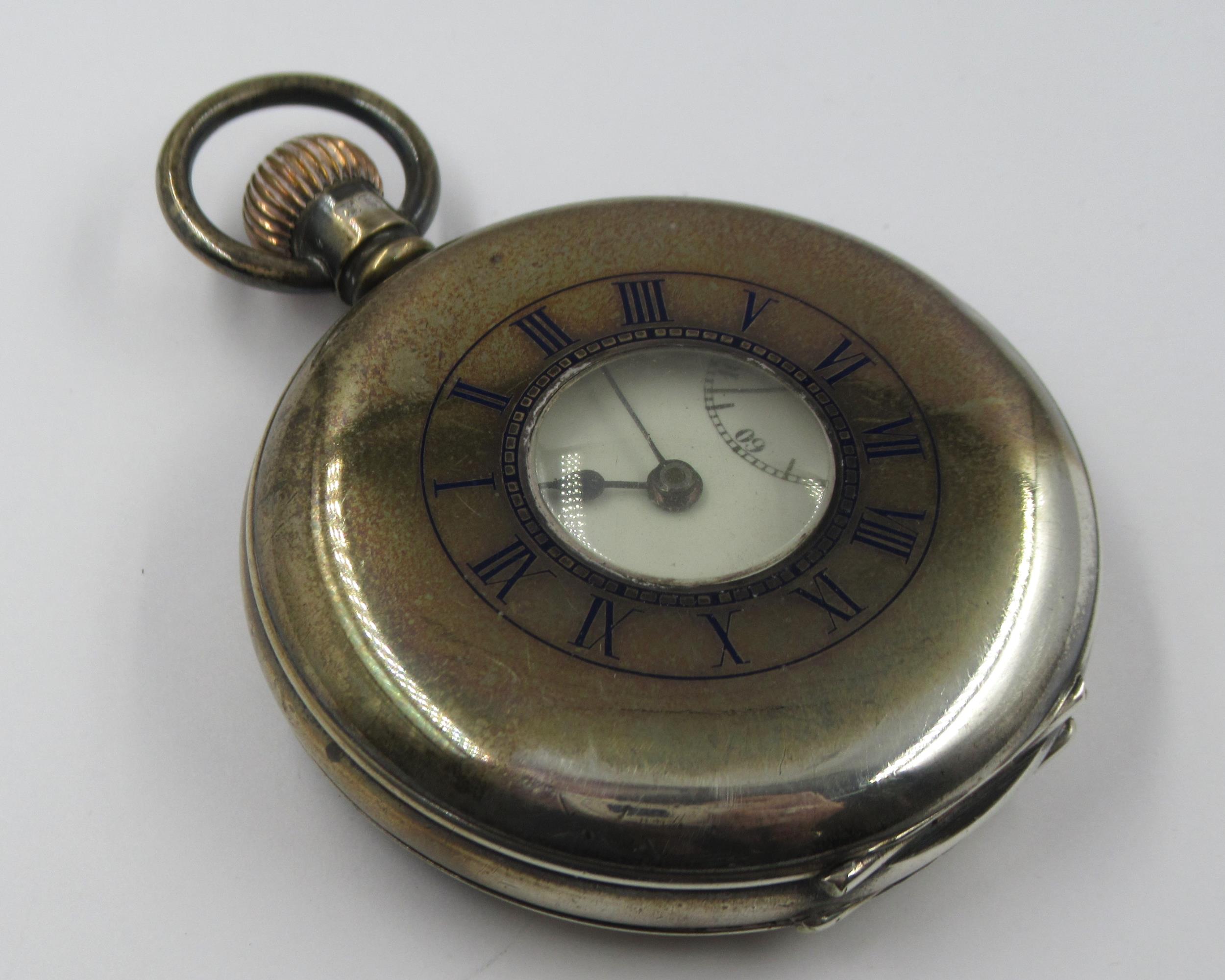 Birmingham silver cased half hunter pocket watch, with blue enamelled cover and enamel dial with