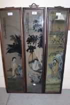 Group of three 20th century Chinese reverse painted on glass pictures, figures in landscapes, 14 x