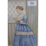 J.D. Watson, watercolour, portrait of a lady in a blue dress, signed, 22 x 14cm, gilt framed