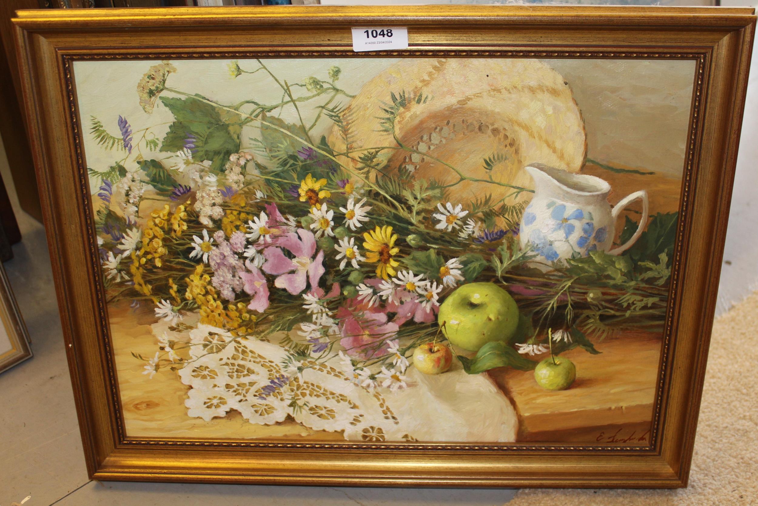 Russian school, oil on canvas, still life of fruit and flowers - Image 2 of 2