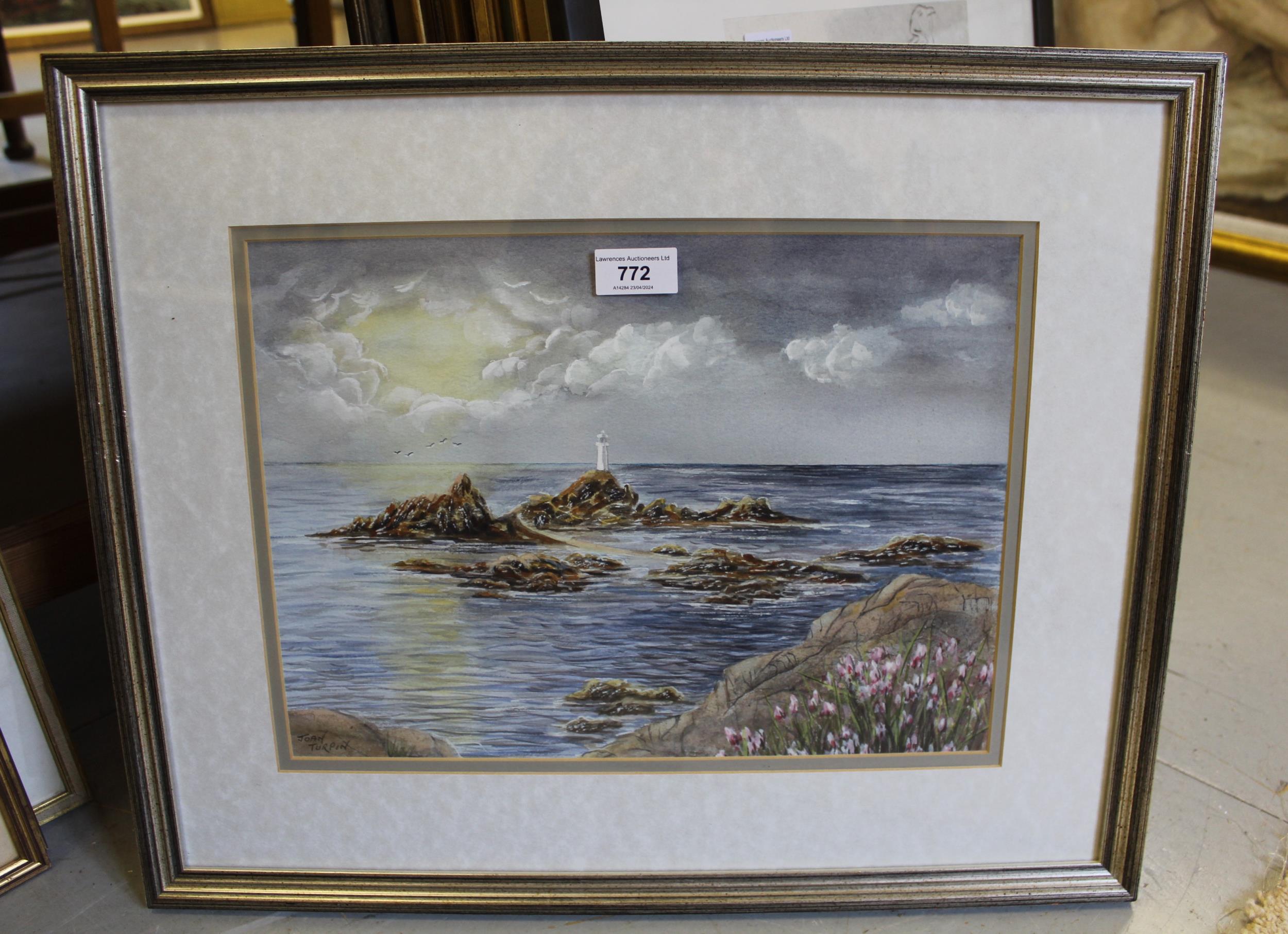 Joan Turpin, watercolour, coastal scene with lighthouse, signed, gilt framed, bearing label verso, - Image 2 of 2