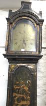18th Century Chinoiserie lacquer longcase clock, the broken arch hood above an arched panel door and