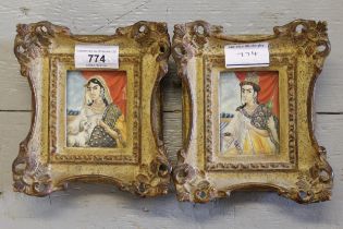Pair of Indian miniature watercolour portraits on card, a lady and gentleman, housed in cream