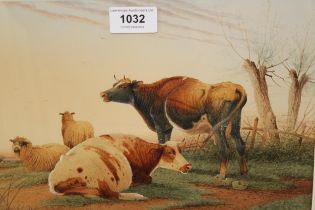 Frederick E. Valter (c. 1860 - c. 1930), watercolour, sheep and cattle in a landscape, signed, 20