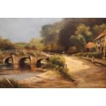 Oil on canvas, stone bridge in a landscape together with two watercolour, botanical studies,