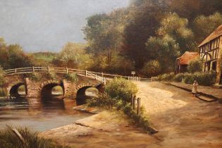 Oil on canvas, stone bridge in a landscape together with two watercolour, botanical studies,