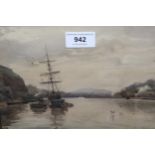 Joseph Poole Addey, watercolour, river scene with sailing vessel moored at a jetty, signed and dated