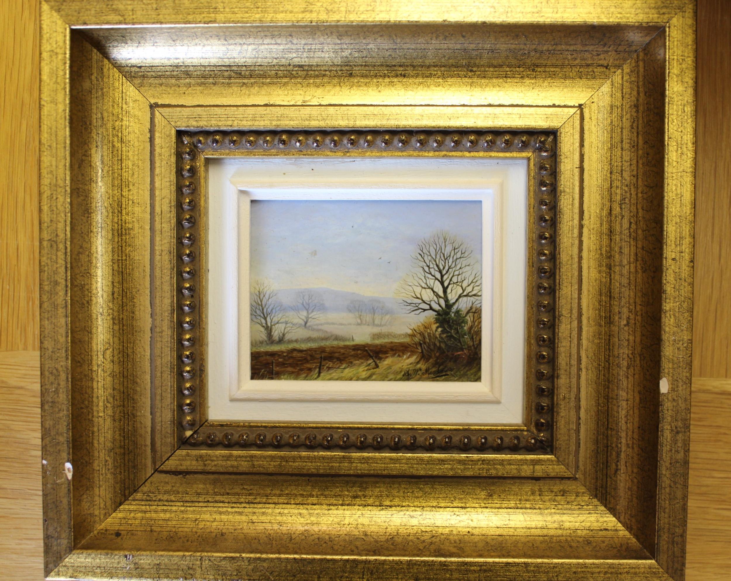 A.W. Meadows, pair of miniature oils on board, rural scenes, 6.5 x 8.5cm, framed - Image 2 of 2