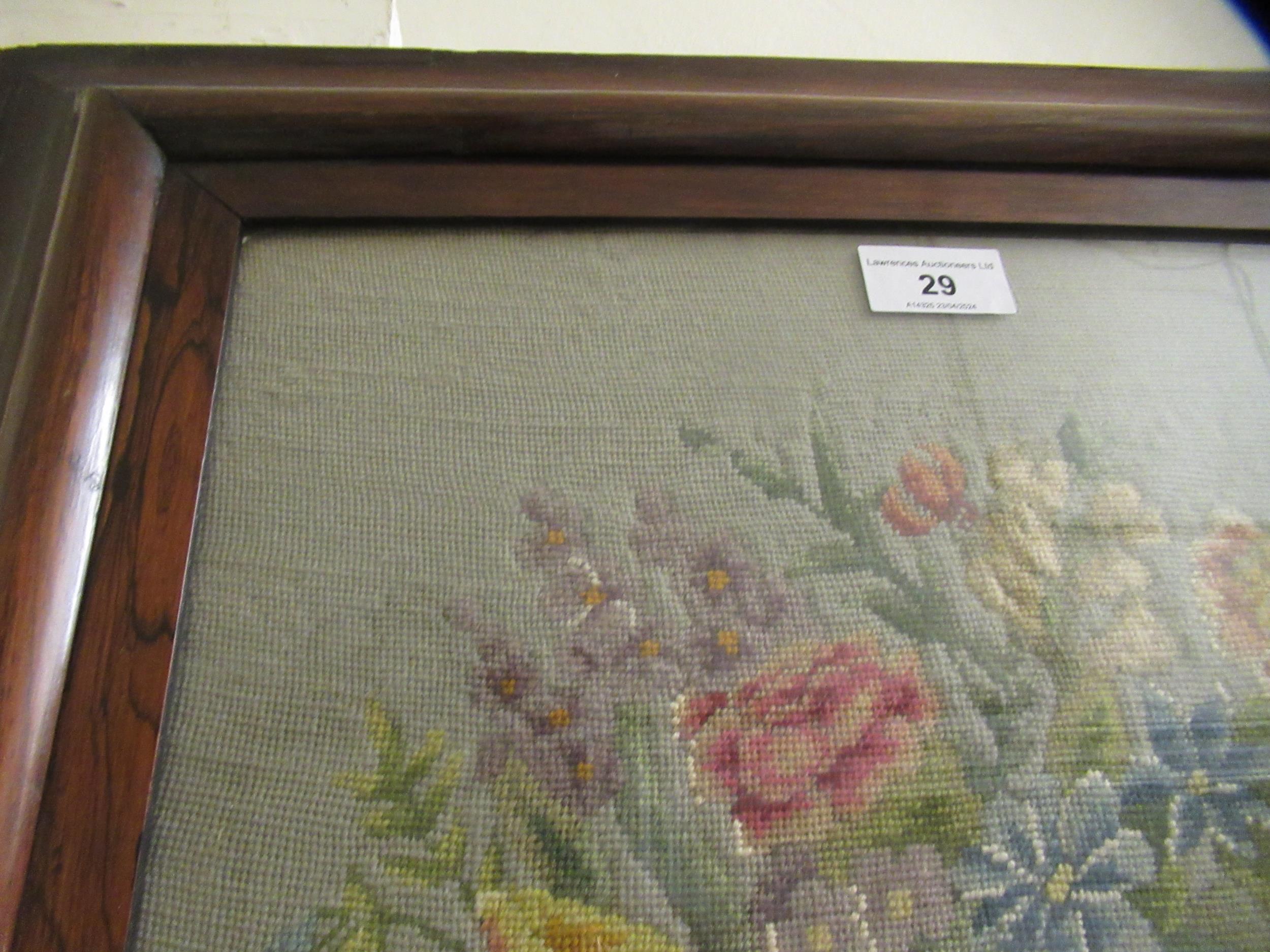 Rosewood framed needlework picture, spray of flowers in a basket, 34 x 33cm Some damages to frame, - Image 4 of 8