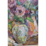 Svetlana Krasovskaya, temera and pastel, still life, vase of flowers on a table top, unsigned, label