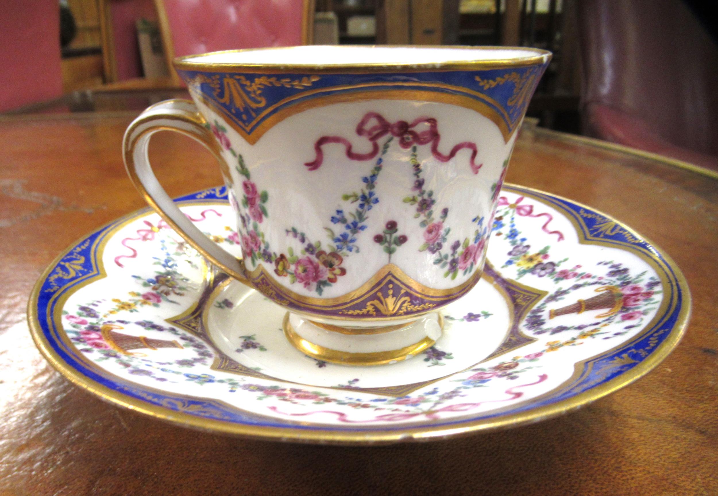 Sevres porcelain cabinet cup and saucer with floral and swag decoration Various chips, as shown in - Image 3 of 13