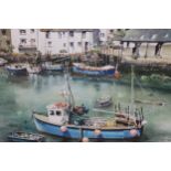 Ben Manchipp, watercolour of Polperro harbour with various fishing boats, signed, framed 40 x 48cm