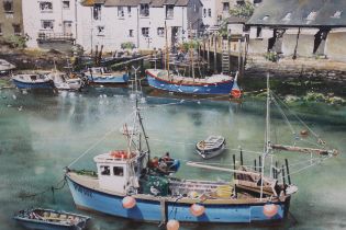 Ben Manchipp, watercolour of Polperro harbour with various fishing boats, signed, framed 40 x 48cm