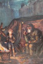 S.Fox, signed watercolour and bodycolour, moonlit street scene with figures by a brazier fire,
