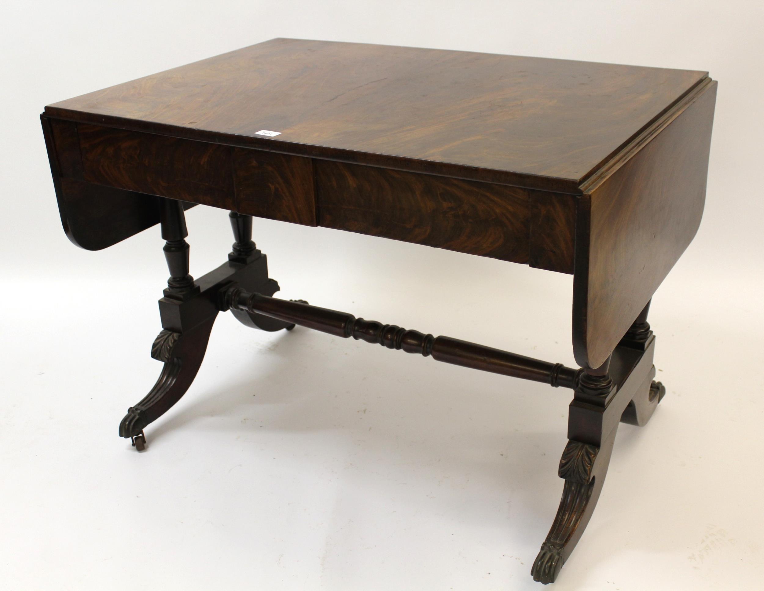 19th Century mahogany sofa table, having two frieze drawers with twin turned column end supports,