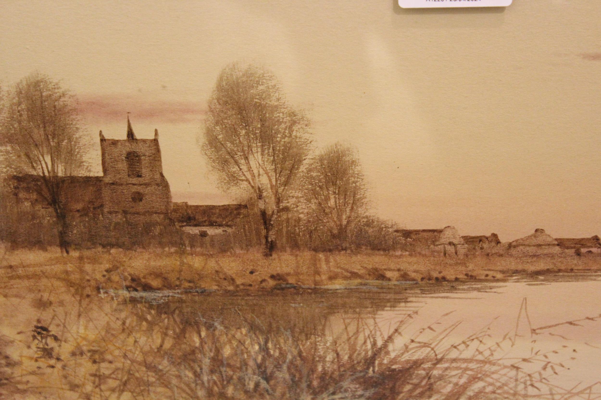 F. Gordon Fraser watercolour, river scene with church, gilt framed, signed, together with a pair
