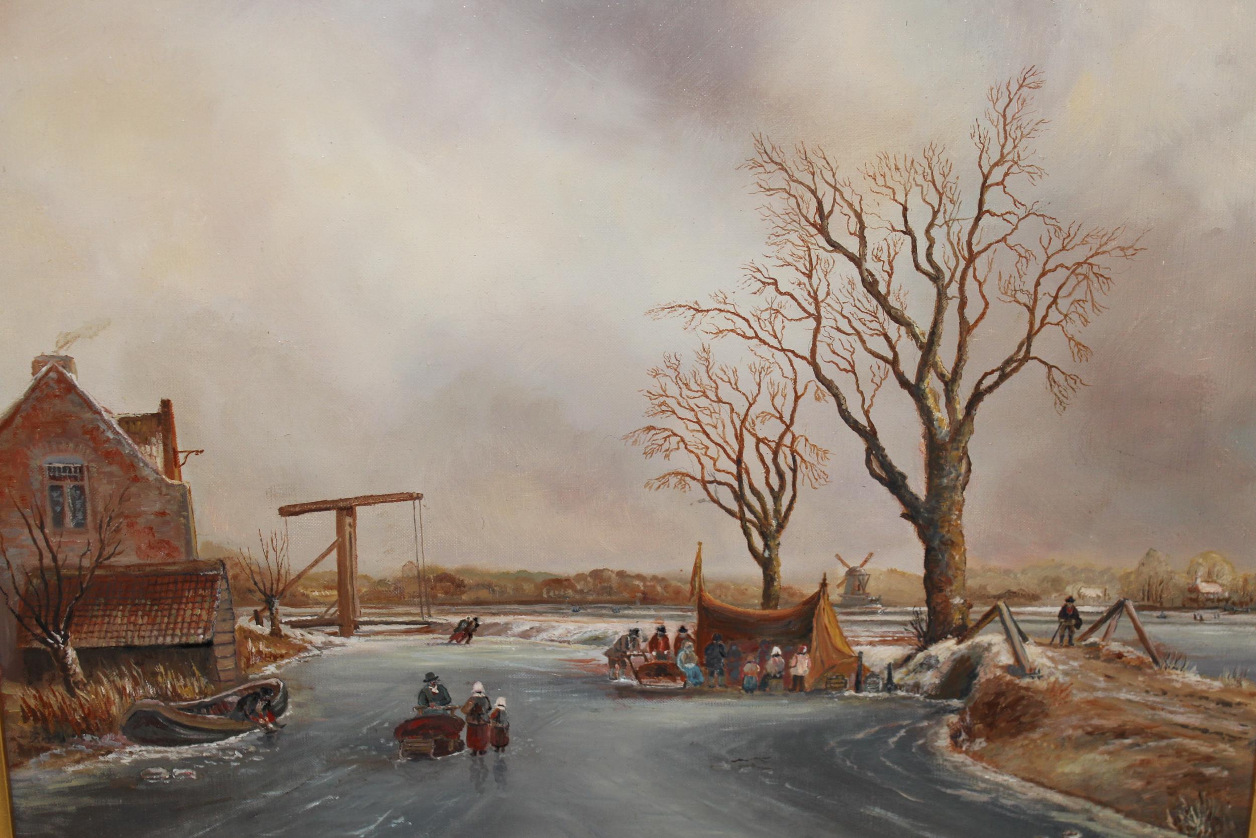 20th Century Dutch school, oil on canvas, frozen river scene with figures, buildings and a