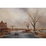 20th Century Dutch school, oil on canvas, frozen river scene with figures, buildings and a