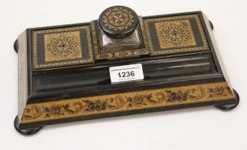 19th Century Tunbridge ware inkstand with inkwell and pen, 26cm wide Missing finials but otherwise