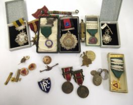 Quantity of Masonic and other society medals and badges, including silver