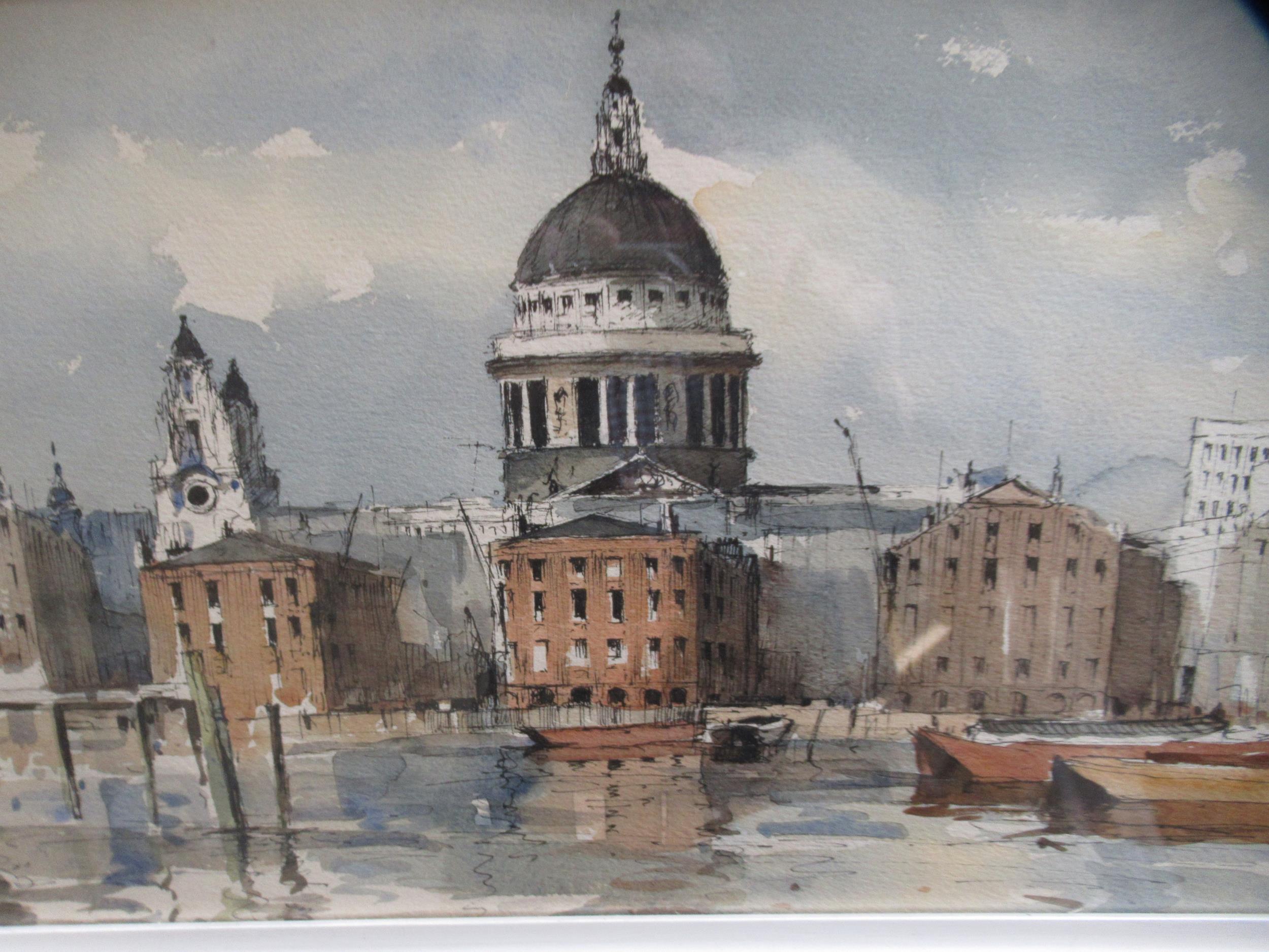 Edward Wesson, signed watercolour and ink, panoramic view of shipping on the Thames at St. Pauls, 28 - Image 4 of 4