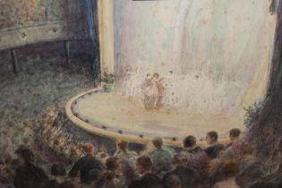 Dickson Clark, watercolour, theatre scene, unsigned, inscribed verso, 24 x 34cm