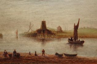 Late 19th / early 20th century oil on canvas, figures and boats in a harbour (possibly Shoreham),