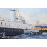 Alan Brown, oil on canvas board, HMS President on the River Thames, signed, bearing label verso,