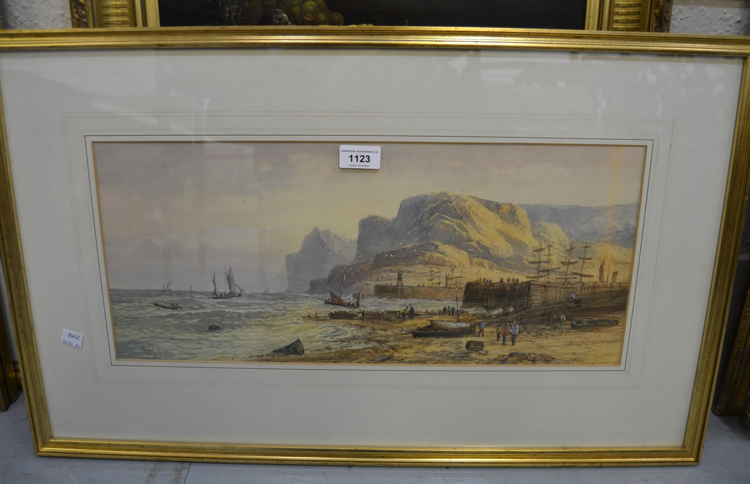 T.B. Hardy, 19th Century watercolour, various boats and fishermen before a harbour wall with further - Image 2 of 2