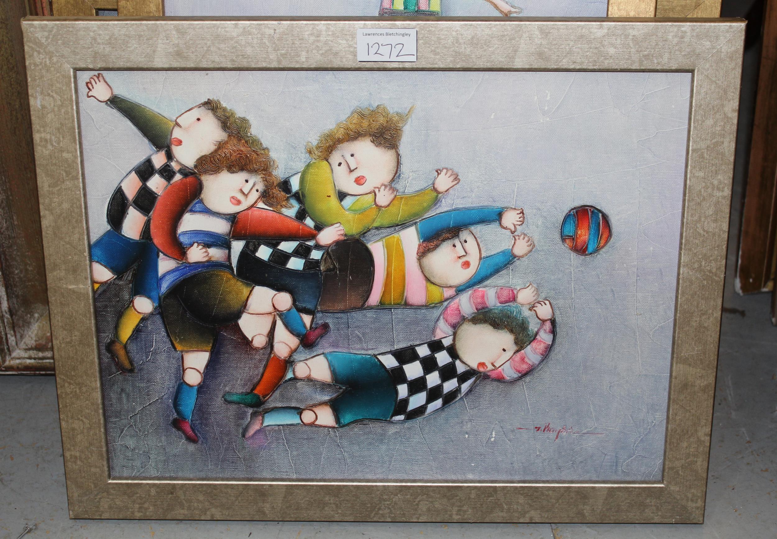 Roybaz group of five acrylics on canvas, stlyised studies of figures and children playing sports, 30 - Image 3 of 5