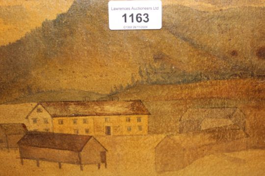 Norwegian painting on card, landscape with various buildings, bearing inscription verso, 17 x 24cm - Image 1 of 2