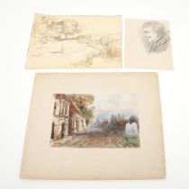 ROBERT BROWNING. A watercolour of a church exterior, n.d.; and pencil caricature, n.d.