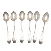 A SET OF SIX GEORGE III IRISH SILVER DESSERT SPOONS.