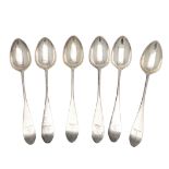 A SET OF SIX GEORGE III IRISH SILVER DESSERT SPOONS.