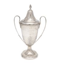 A GEORGE V SILVER TWO-HANDLED CUP & COVER.