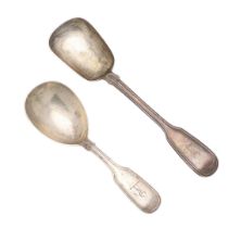 A VICTORIAN SILVER SUGAR SPOON & CADDY SPOON.