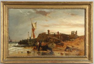 CLARKSON FREDERICK STANFIELD, RA, RBA (1793-1867). FISHERMEN WITH BOATS BY A JETTY.