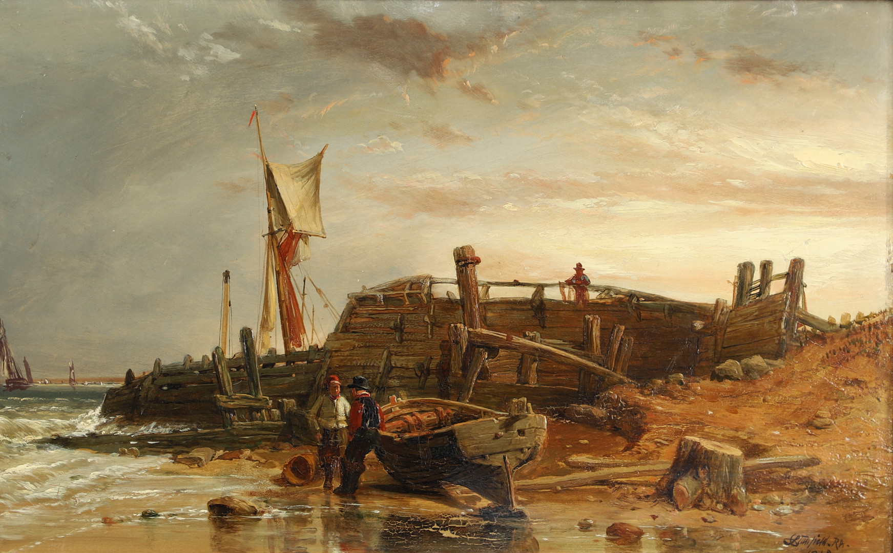 CLARKSON FREDERICK STANFIELD, RA, RBA (1793-1867). FISHERMEN WITH BOATS BY A JETTY. - Image 2 of 4
