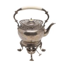 AN EDWARDIAN SILVER KETTLE ON STAND.