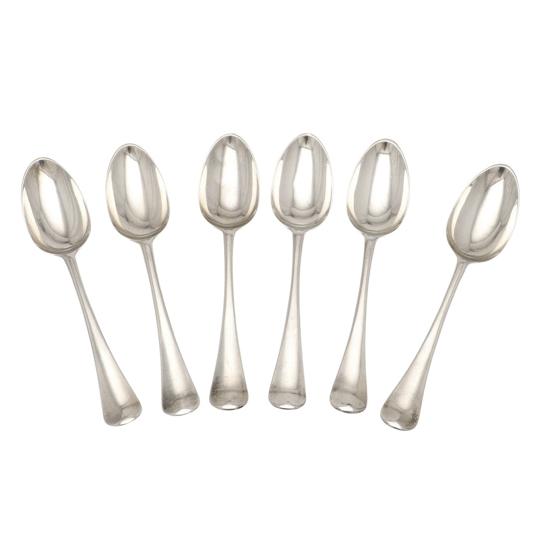 A SET OF SIX GEORGE II HANOVERIAN PATTERN SILVER TABLESPOONS.