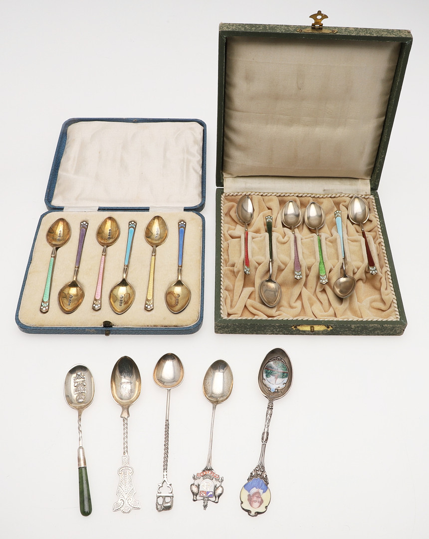 TWO CASED SETS OF SIX SILVER & ENAMEL TEA/ COFFEE SPOONS. - Image 2 of 10