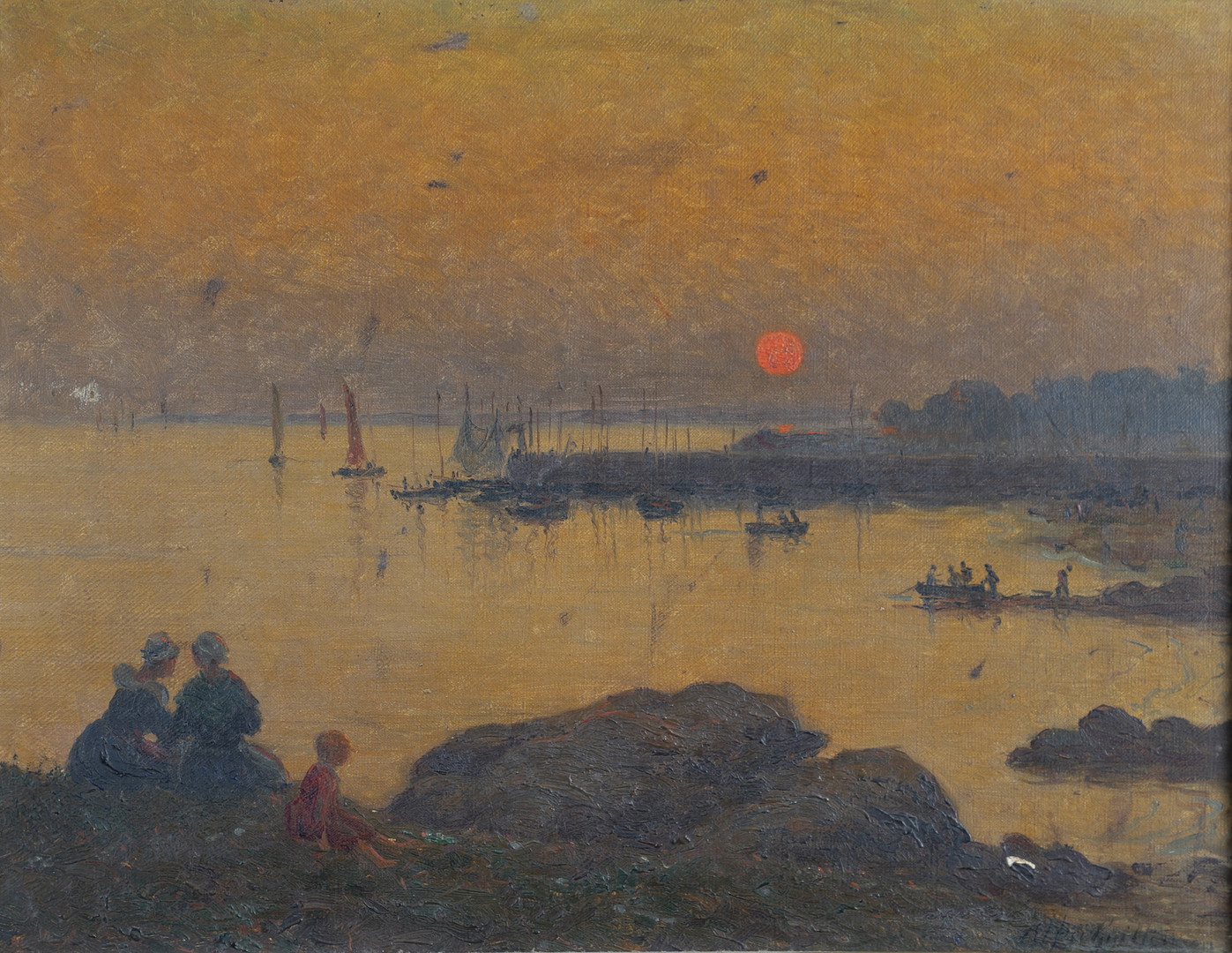 ALFRED GUILLOU (1844-1926). SUNSET BY THE FISHING HARBOUR. - Image 2 of 4