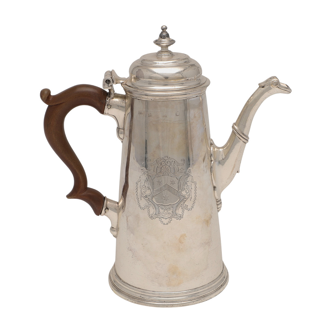 A GEORGE II SILVER COFFEE POT.