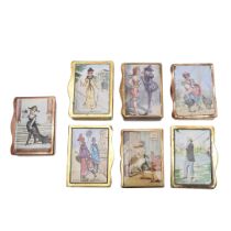 SEVEN LATE 19TH/ EARLY 20TH CENTURY FRENCH BRASS/ COPPER & ENAMEL VESTA CASES.