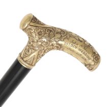 A LATE 19TH CENTURY GOLD MOUNTED WALKING CANE.