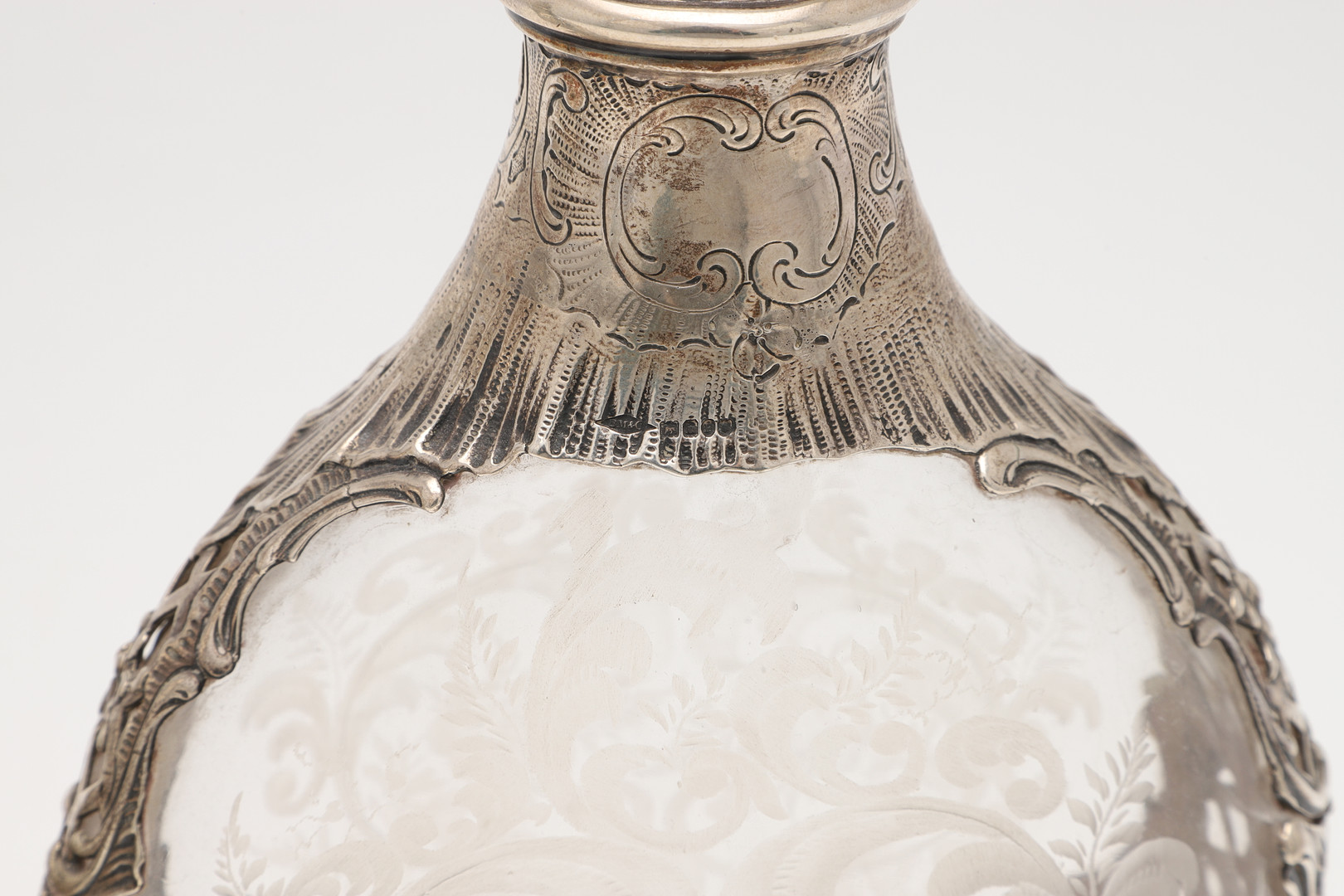 A PAIR OF LATE 19TH/ EARLY 20TH CENTURY GERMAN SILVER MOUNTED DECANTERS. - Image 11 of 13