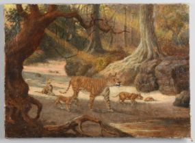 JOHN MACALLAN SWAN, RA (1846-1910). His circle. A TIGER WITH THREE CUBS AND A TORTOISE IN A FOREST.