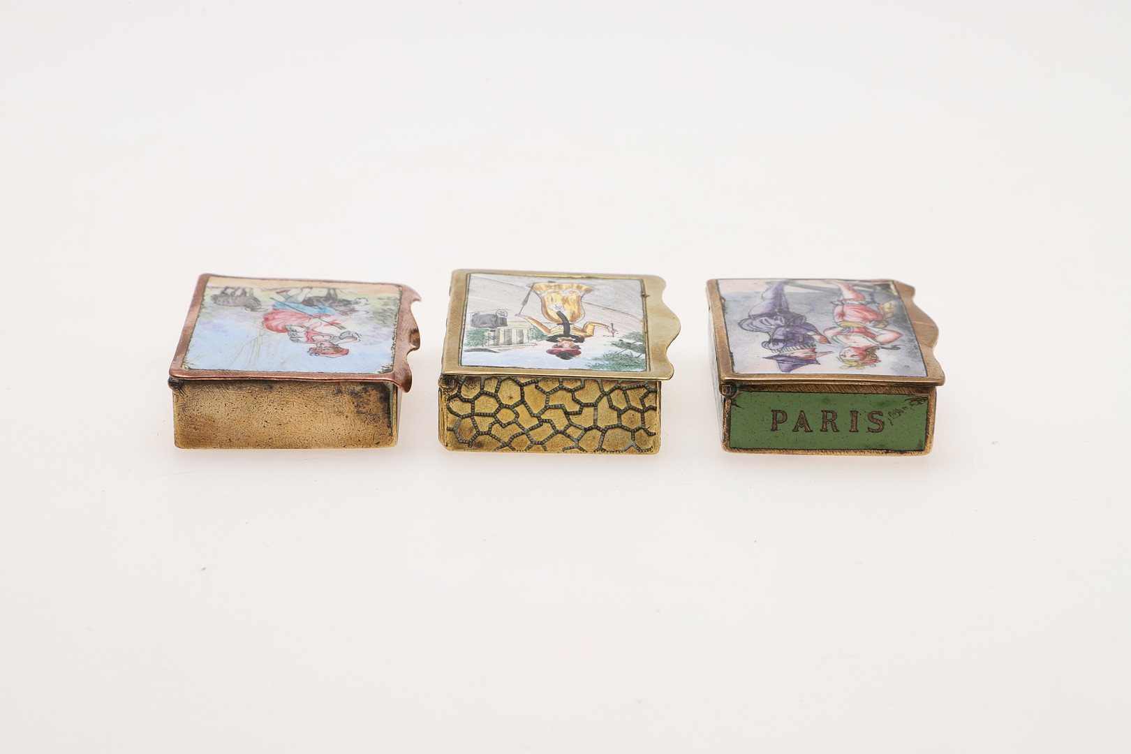 SEVEN LATE 19TH/ EARLY 20TH CENTURY FRENCH BRASS/ COPPER & ENAMEL VESTA CASES. - Image 6 of 12