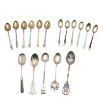 TWO CASED SETS OF SIX SILVER & ENAMEL TEA/ COFFEE SPOONS.