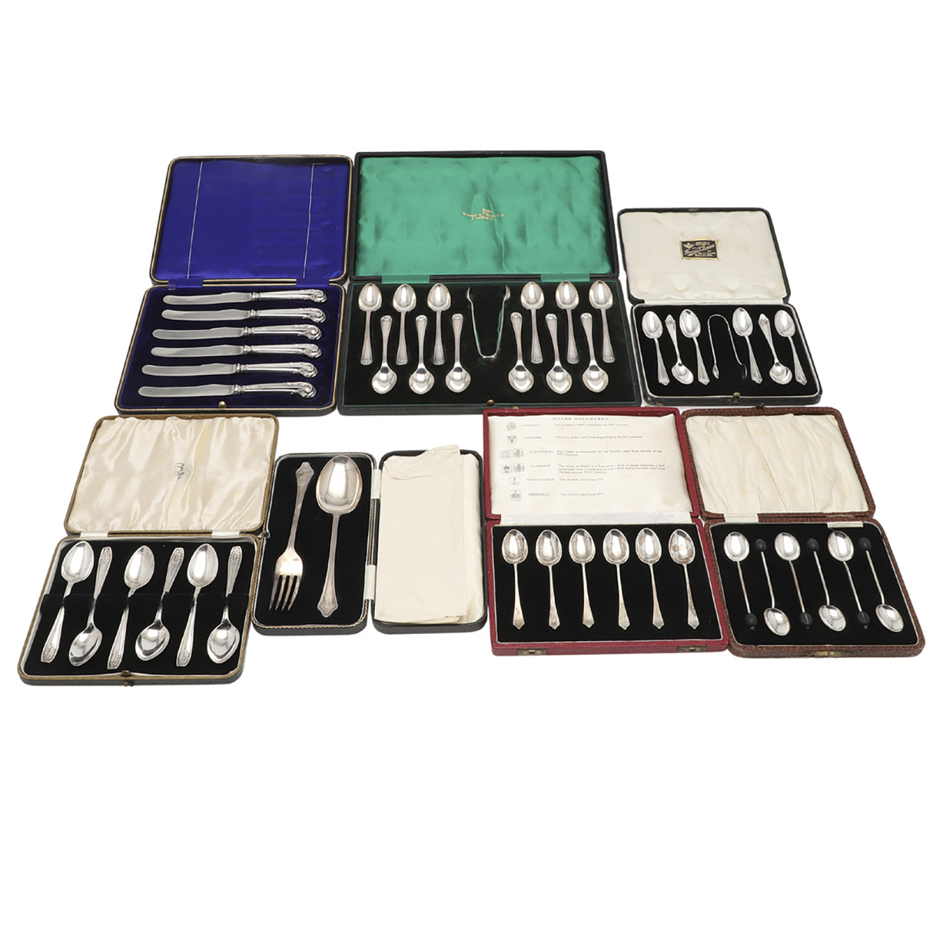SEVEN VARIOUS CASED SETS OF SILVER FLATWARE & CUTLERY.